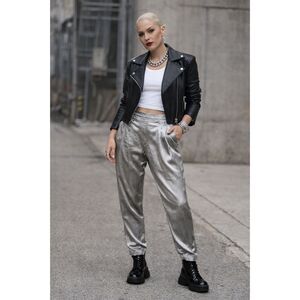 L.A.M.B. Gwen Stefani Silver Satin Pleated Pants Trousers   Women's Size Medium